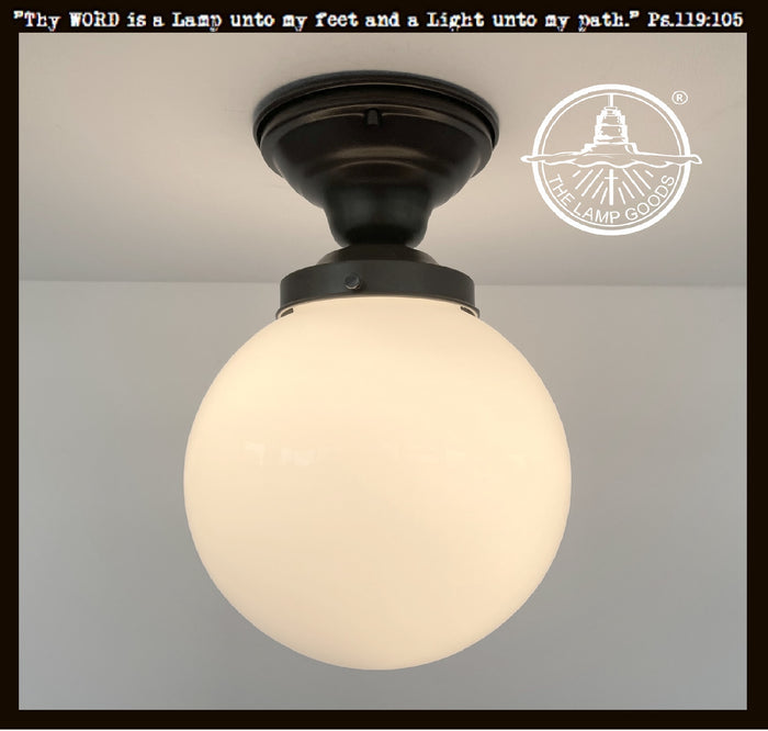Modern Milk Glass 8" GLOBE Ceiling Light by The Lamp Goods; matte white glass shade, black metal fitting.