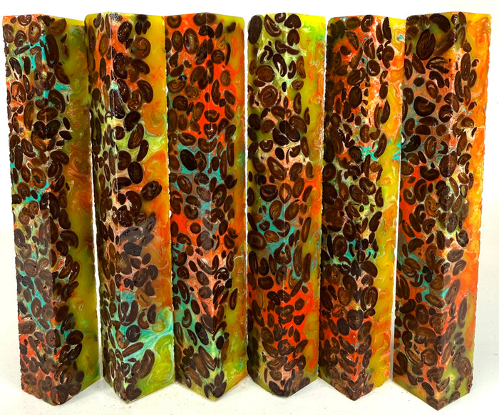 PBBrick-017: Pen Blanks - Coffee Bean Yellow Orange Blue Hybrid Alumilite Resin Casting Diamond Painting