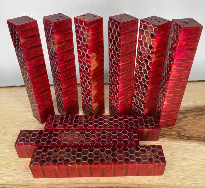 PBBrick-038: Pen Blanks - Red Orange with Silver 3D Printed PLA Honeycomb Alumilite Resin Casting Diamond Painting Pen