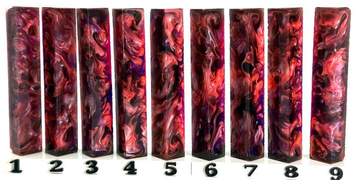 PBBrick-058: Dark Crimson Flame Black Purple Peach Swirls Pen Blank Diamond Painting Alumilite Resin Casting