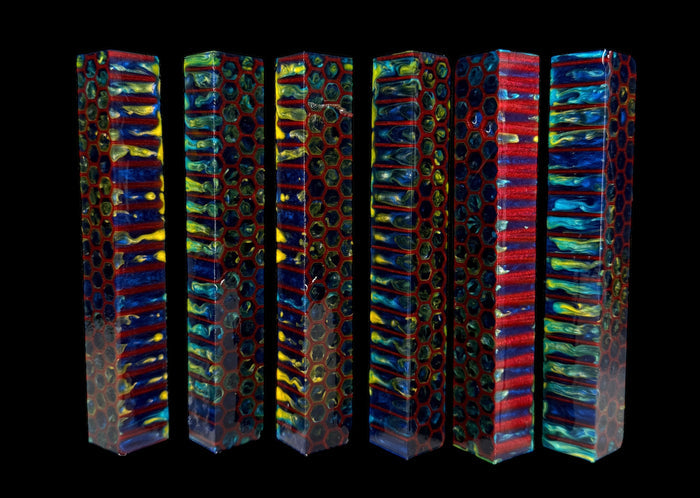 PBBrick-081: Pen Blanks - Blue Yellow with Red 3D Printed Honeycomb Alumilite Resin Casting Diamond Painting Pen