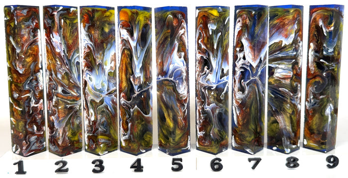 PBBrick-084:  Forged Molten Metals Gold Copper Bronze Silver with White Swirls Blue Pen Blank Diamond Painting Alumilite Resin Casting