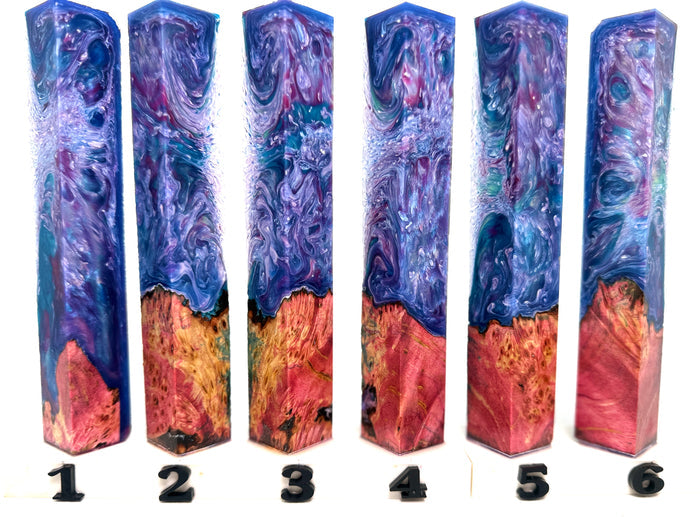 PBBrick-088: Blue Green Purple White Stabilized Pink Box Elder Burl Hybrid Pen Blank Diamond Painting Alumilite Resin Casting