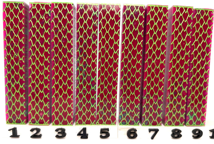 PBBrick-105: Pen Blanks - Pink with Lime Green 3D Printed Jagged Dragon Scales Alumilite Resin Casting Diamond Painting Pen