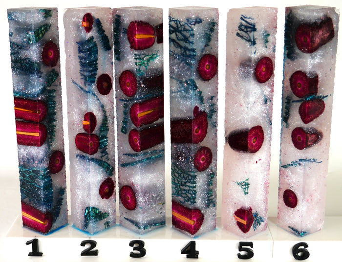 PBBrick-130: Arctic Vineyard White with Red Glitter Redwine dyed Cattail Blue Green Dyed Prickly Pear Cactus Pen Blank Diamond Painting Alumilite Resin Casting