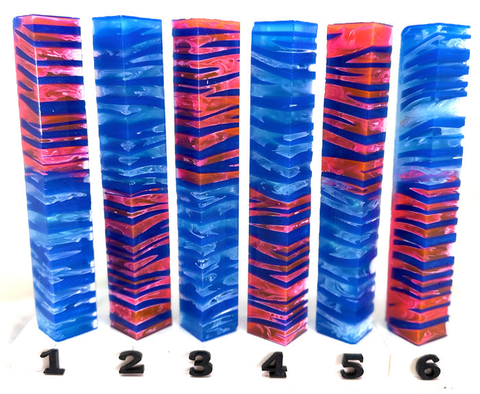 PBBrick-207: Synthwave Skyline Blue Pink White Cast over Blue Resin Stripes Pen Blank Diamond Painting Alumilite Resin Casting