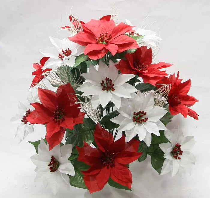 GSC Poinsettia Mixed Bush Red/White 20" - Artificial Flowering Plants Silk