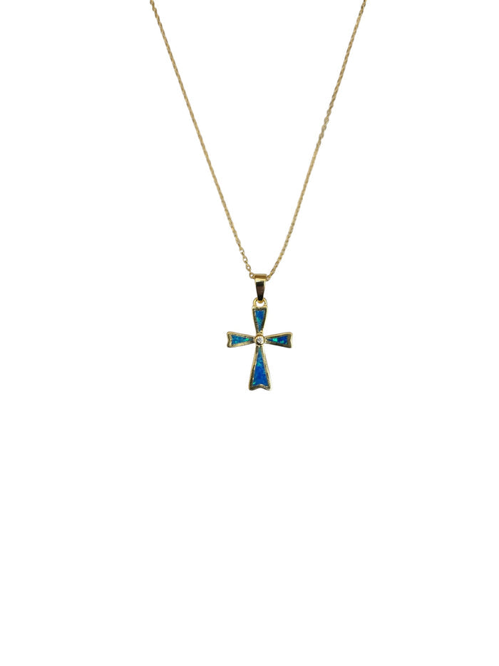 Silver Plated Blue Opal Cross Pendant