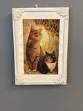 Two kitties in the garden Art, white frame on canvas