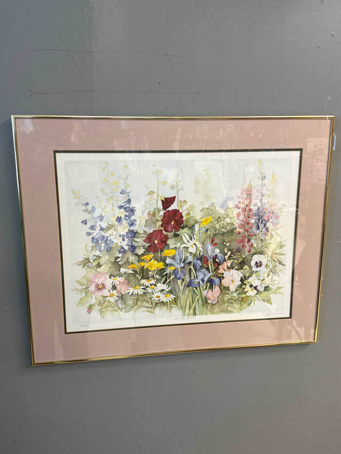 Watercolor print wildflowers “in the garden” by Lyn Snow. Gold metal frame, glass encased 24x30 (Copy)