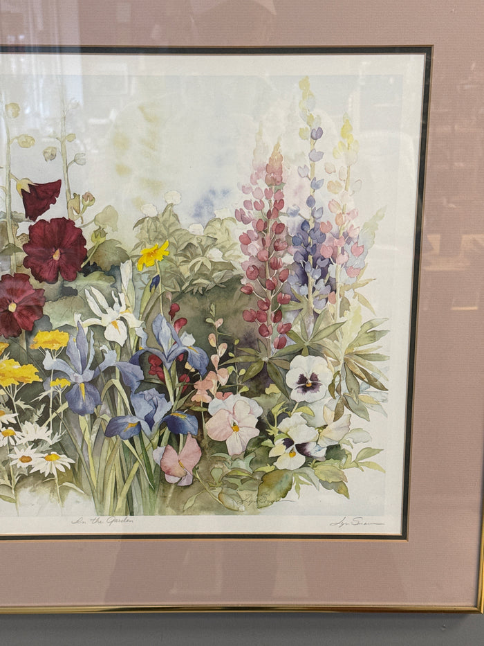 Watercolor print wildflowers “in the garden” by Lyn Snow. Gold metal frame, glass encased 24x30 (Copy)