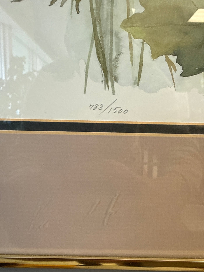 Watercolor print wildflowers “in the wild” by Lyn Snow. Gold metal frame, glass encased 24x30
