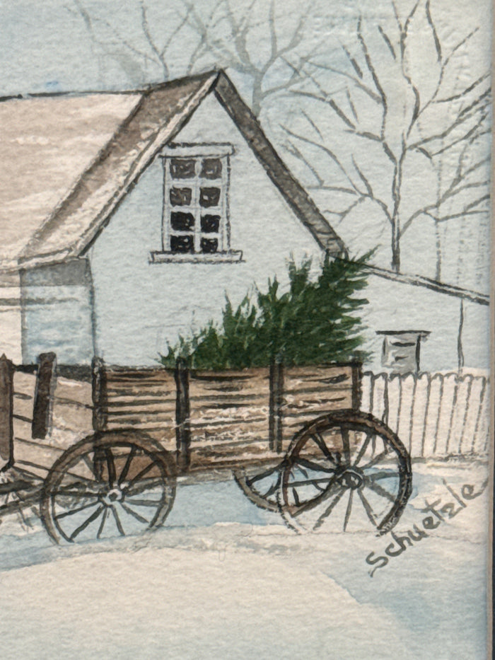 Winter wagon and home scape Art by Schuetzle